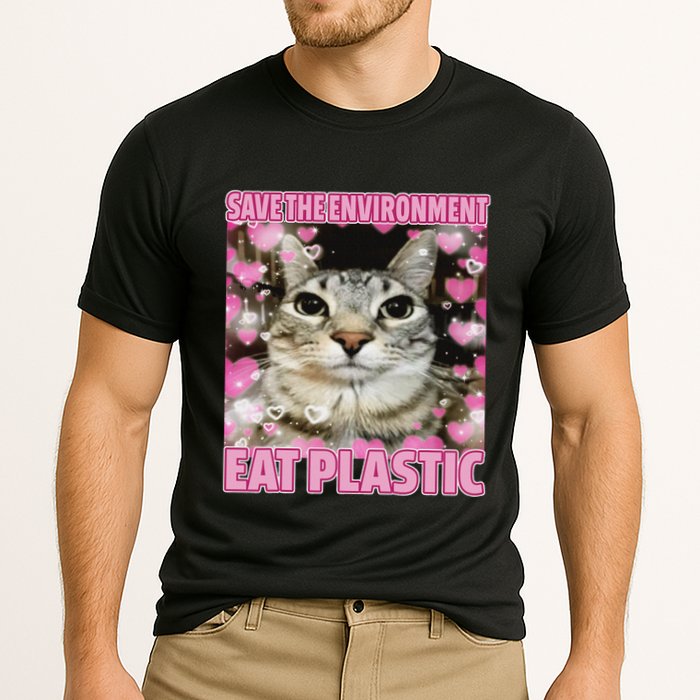 Save The Environment Eat Plastic Cat Cute Silly Kitty Meme Cooling Performance Crew T-Shirt