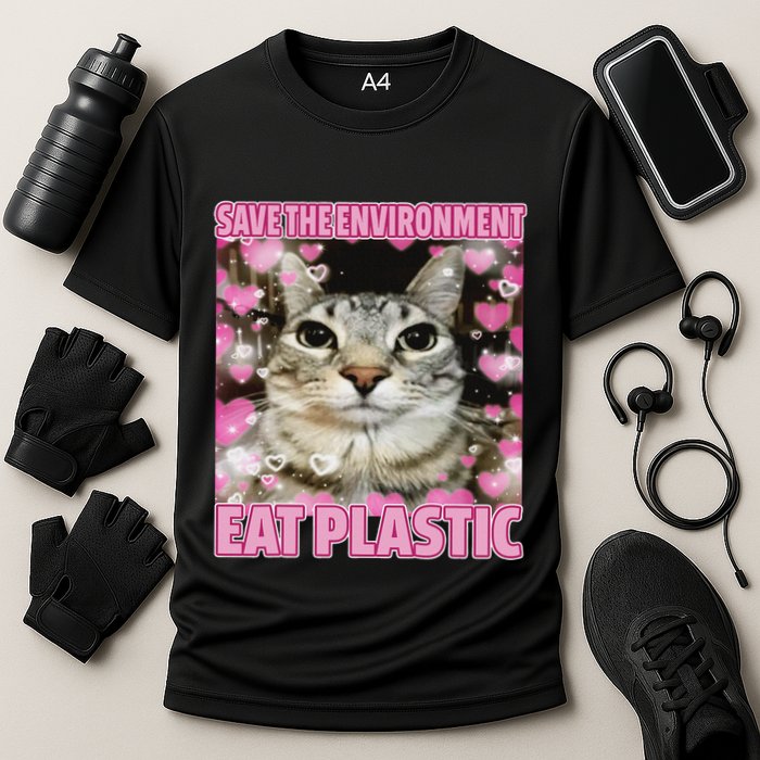 Save The Environment Eat Plastic Cat Cute Silly Kitty Meme Cooling Performance Crew T-Shirt