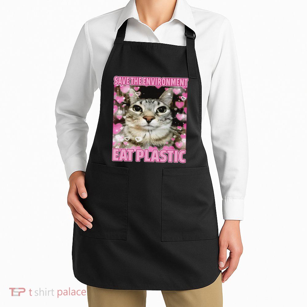Save The Environment Eat Plastic Cat Cute Silly Kitty Meme Apron