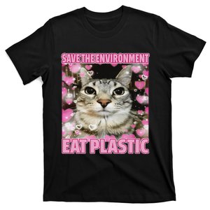 Save The Environment Eat Plastic Cat Cute Silly Kitty Meme T-Shirt