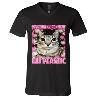 Save The Environment Eat Plastic Cat Cute Silly Kitty Meme V-Neck T-Shirt