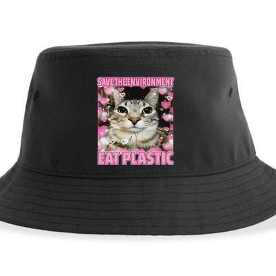 Save The Environment Eat Plastic Cat Cute Silly Kitty Meme Sustainable Bucket Hat