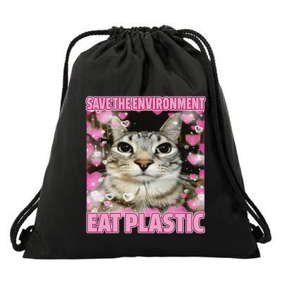 Save The Environment Eat Plastic Cat Cute Silly Kitty Meme Drawstring Bag