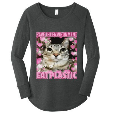 Save The Environment Eat Plastic Cat Cute Silly Kitty Meme Women's Perfect Tri Tunic Long Sleeve Shirt