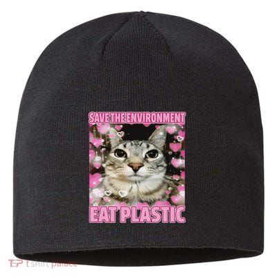 Save The Environment Eat Plastic Cat Cute Silly Kitty Meme Sustainable Beanie