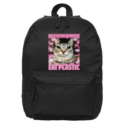 Save The Environment Eat Plastic Cat Cute Silly Kitty Meme 16 in Basic Backpack