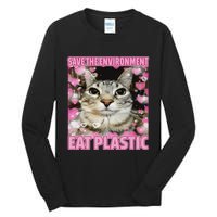 Save The Environment Eat Plastic Cat Cute Silly Kitty Meme Tall Long Sleeve T-Shirt