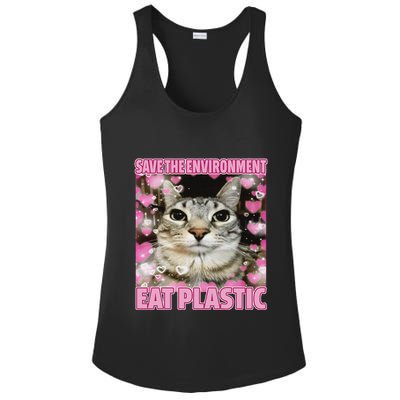 Save The Environment Eat Plastic Cat Cute Silly Kitty Meme Ladies PosiCharge Competitor Racerback Tank