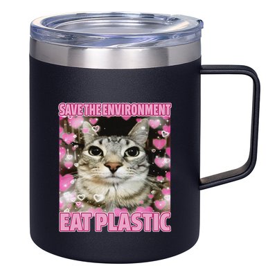 Save The Environment Eat Plastic Cat Cute Silly Kitty Meme 12oz Stainless Steel Coffee Mug