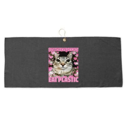 Save The Environment Eat Plastic Cat Cute Silly Kitty Meme Large Microfiber Waffle Golf Towel
