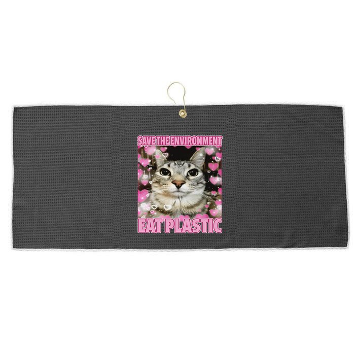 Save The Environment Eat Plastic Cat Cute Silly Kitty Meme Large Microfiber Waffle Golf Towel