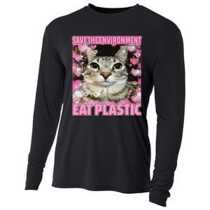 Save The Environment Eat Plastic Cat Cute Silly Kitty Meme Cooling Performance Long Sleeve Crew