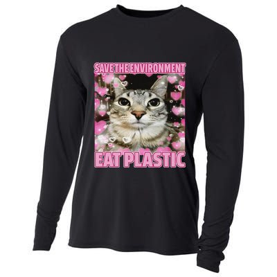 Save The Environment Eat Plastic Cat Cute Silly Kitty Meme Cooling Performance Long Sleeve Crew