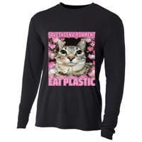 Save The Environment Eat Plastic Cat Cute Silly Kitty Meme Cooling Performance Long Sleeve Crew