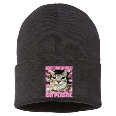 Save The Environment Eat Plastic Cat Cute Silly Kitty Meme Sustainable Knit Beanie