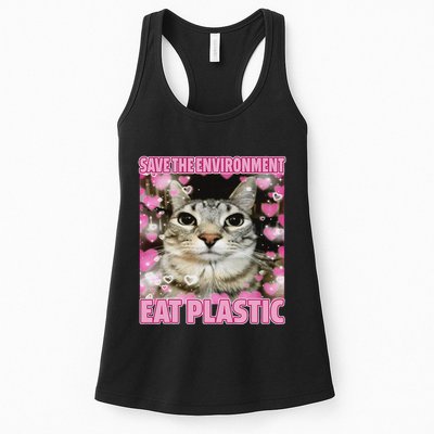 Save The Environment Eat Plastic Cat Cute Silly Kitty Meme Womens Tank Top