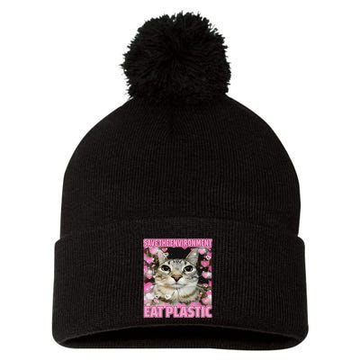 Save The Environment Eat Plastic Cat Cute Silly Kitty Meme Pom Pom 12in Knit Beanie
