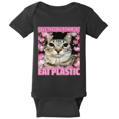 Save The Environment Eat Plastic Cat Cute Silly Kitty Meme Baby Bodysuit