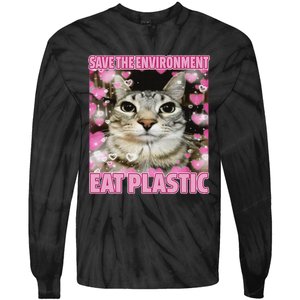 Save The Environment Eat Plastic Cat Cute Silly Kitty Meme Tie-Dye Long Sleeve Shirt