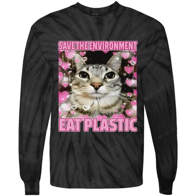 Save The Environment Eat Plastic Cat Cute Silly Kitty Meme Tie-Dye Long Sleeve Shirt