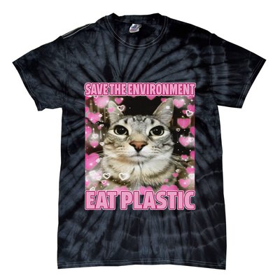 Save The Environment Eat Plastic Cat Cute Silly Kitty Meme Tie-Dye T-Shirt