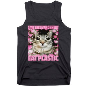 Save The Environment Eat Plastic Cat Cute Silly Kitty Meme Tank Top