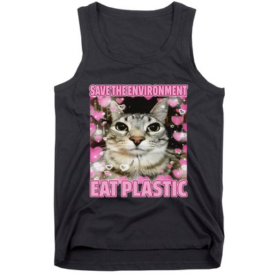 Save The Environment Eat Plastic Cat Cute Silly Kitty Meme Tank Top