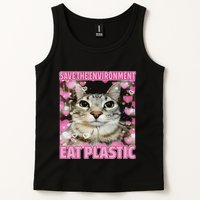Save The Environment Eat Plastic Cat Cute Silly Kitty Meme Tank Top