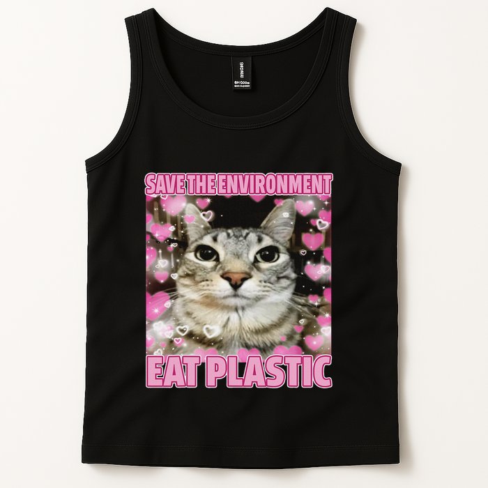 Save The Environment Eat Plastic Cat Cute Silly Kitty Meme Tank Top