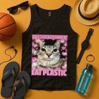 Save The Environment Eat Plastic Cat Cute Silly Kitty Meme Tank Top