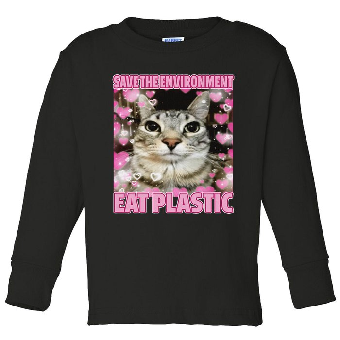 Save The Environment Eat Plastic Cat Cute Silly Kitty Meme Toddler Long Sleeve Shirt