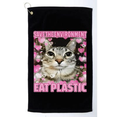 Save The Environment Eat Plastic Cat Cute Silly Kitty Meme Golf Towel