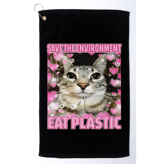 Save The Environment Eat Plastic Cat Cute Silly Kitty Meme Golf Towel