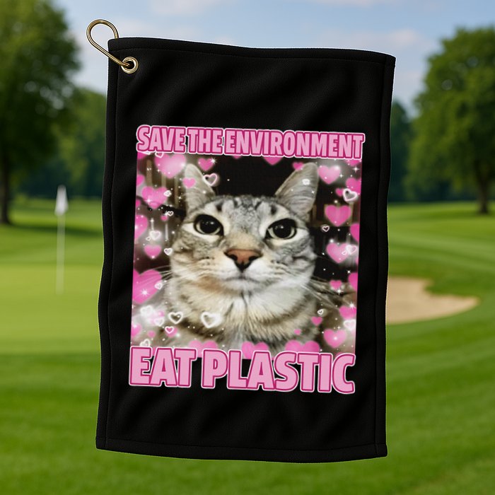 Save The Environment Eat Plastic Cat Cute Silly Kitty Meme Golf Towel