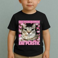 Save The Environment Eat Plastic Cat Cute Silly Kitty Meme Toddler T-Shirt