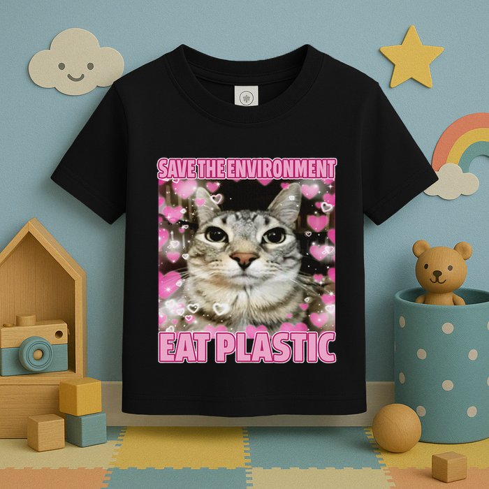 Save The Environment Eat Plastic Cat Cute Silly Kitty Meme Toddler T-Shirt