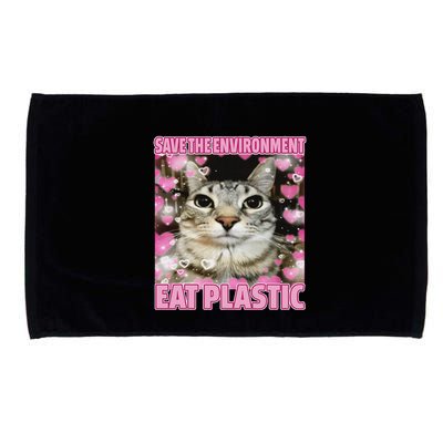 Save The Environment Eat Plastic Cat Cute Silly Kitty Meme Microfiber Hand Towel
