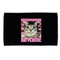 Save The Environment Eat Plastic Cat Cute Silly Kitty Meme Microfiber Hand Towel