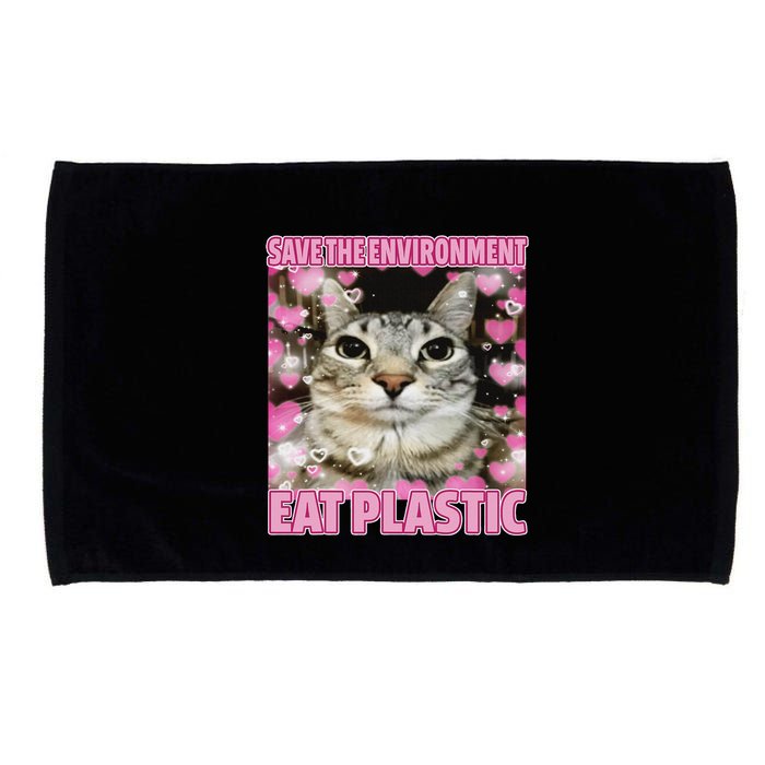 Save The Environment Eat Plastic Cat Cute Silly Kitty Meme Microfiber Hand Towel