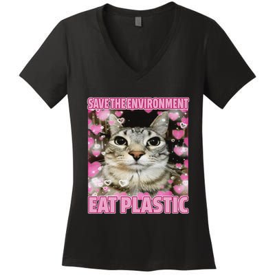Save The Environment Eat Plastic Cat Cute Silly Kitty Meme Women's V-Neck T-Shirt