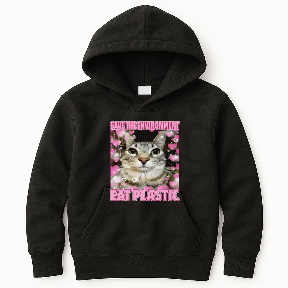 Save The Environment Eat Plastic Cat Cute Silly Kitty Meme Kids Hoodie