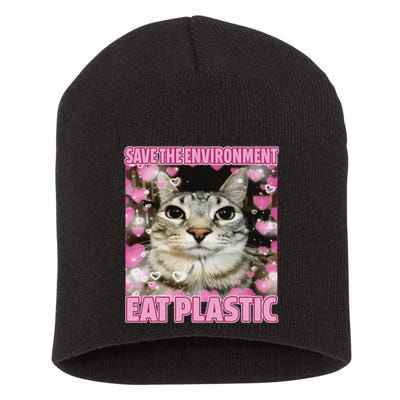 Save The Environment Eat Plastic Cat Cute Silly Kitty Meme Short Acrylic Beanie