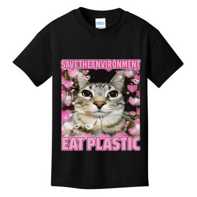 Save The Environment Eat Plastic Cat Cute Silly Kitty Meme Kids T-Shirt
