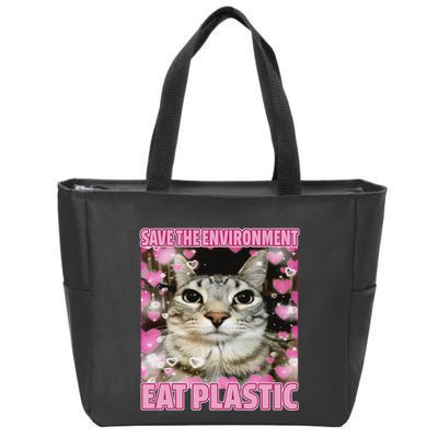 Save The Environment Eat Plastic Cat Cute Silly Kitty Meme Zip Tote Bag