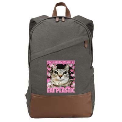Save The Environment Eat Plastic Cat Cute Silly Kitty Meme Cotton Canvas Backpack