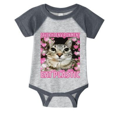 Save The Environment Eat Plastic Cat Cute Silly Kitty Meme Infant Baby Jersey Bodysuit