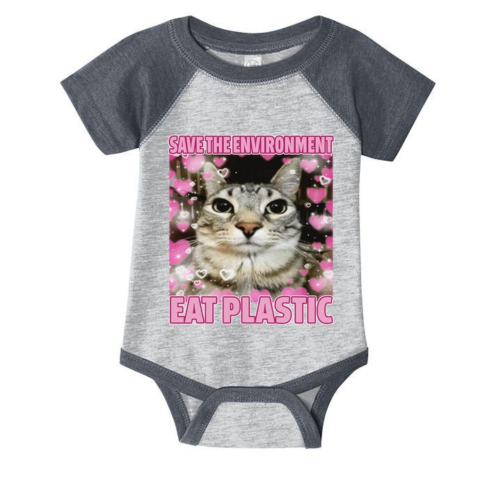 Save The Environment Eat Plastic Cat Cute Silly Kitty Meme Infant Baby Jersey Bodysuit