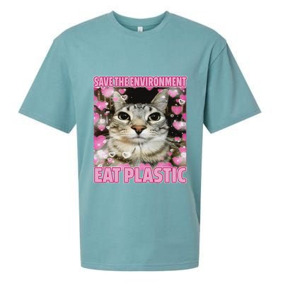 Save The Environment Eat Plastic Cat Cute Silly Kitty Meme Sueded Cloud Jersey T-Shirt