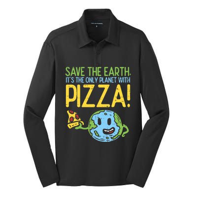 Save The Earth Its The Only Planet With Pizza Food Silk Touch Performance Long Sleeve Polo