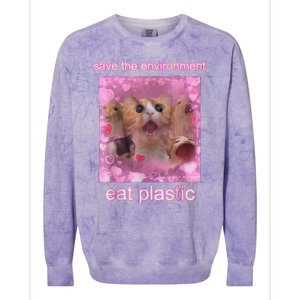 Save The Environment Eat Plastic Funny Cute Cat Meme Colorblast Crewneck Sweatshirt